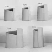 Gray cylindrical forms TOR1-TOR5 on white, showcasing varied truncated cone shapes and recessed angles in a studio product setting.