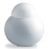 White blown glass Daruma, spherical form with rounded base and dome top, glossy reflective surface, studio lighting, minimal shadow.