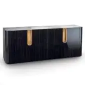 Marble console table, white with grey veining, features dark glossy body with linear grain and brushed brass recessed handles.