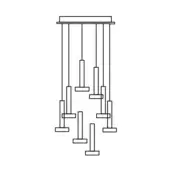 Pendant lamp, black and white line drawing, rectangular rods with cascading plates, asymmetrical arrangement, minimalist geometric design.