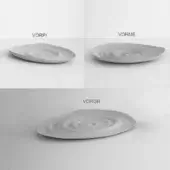 Ceramic plates, light gray glaze, undulating ripple patterns; “VORPI” asymmetrical, “VORME” circular, “VORGR” layered effect.