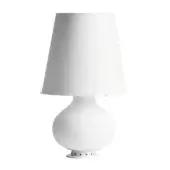 White table lamp with rounded base and conical shade, matte finish, metal fitting, minimalist design, studio product shot.