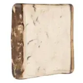 Antique book with mottled brown and cream cover, square format, embossed spine lettering reading “181”, aged cream pages, matte finish.