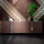 Distinguished Sicis Garret sideboard crafted in medium-toned brown wood with recessed darker panels and integrated LED lighting within a mirrored interior