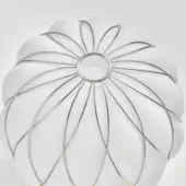 Ceiling light, white and chrome, pinecone-shaped with curved metal supports and layered white shade, studio product shot.