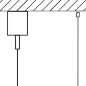 Metal ceiling hook with brushed silver cables and square plate, above a white wall with striped ceiling and cable gripper (f).