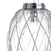 Pendant light, clear faceted glass shade, pinecone shape, polished chrome frame, Edison bulb, black cord, studio shot.