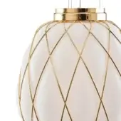 Pendant light, creamy white and gold, stylized pinecone shape with diamond-patterned metal ribbing and circular mounting element.