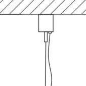 Ceiling hook with square metal box and flexible metal cable, matte finish, diagonally-lined ceiling, studio lighting, plain background.