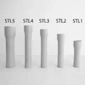 Gray cylindrical steli, matte finish, truncated cone shape, labeled STL5 to STL1, decreasing height, white background, geometric forms.