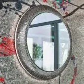 Distinguished Sicis Fluxus mirror with gray and colorful mosaic tiles plus coated lacquered backdrop and integrated LED backlighting