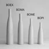 Ceramic vases, light gray, cylindrical shapes arranged in descending height, labeled BOEX to BOPI, minimalist geometric design, matte texture.