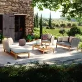 Superior Royal Botania Calypso Lounge sectional with modular teak base and detachable stainless steel backrests in neutral beige and reddish-pink tones