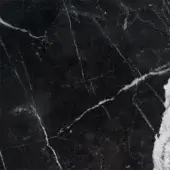 Polished black marble texture with irregular white veins, displaying a dynamic pattern and subtle sheen across a smooth, dense surface.