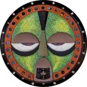 Circular mosaic artwork, tan face with green background, dark triangular crest, blue & brown border with silver accents, studio lighting.