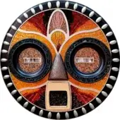 Mosaic owl artwork, orange and gray tones, circular composition with patterned eyes and beak, layered oval border, studio shot.