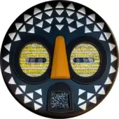 Osaro mask, dark blue with white triangles, radial pattern, navy center, yellow nose, mosaic tile eyes, silver details, geometric design.