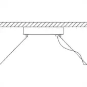 Ceiling light fixture, metal, conical reflector suspended by angled cables from a rectangular housing, technical schematic drawing.