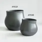 Gray ceramic vessels, APEGR cylindrical with flared rim, APEME bulbous, both with brushed matte finish against light gray backdrop.