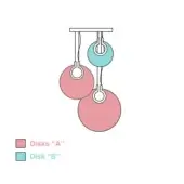 Corallo suspension lamp, pink and blue, three spherical disks hang from a metal bar with transparent cords, glossy finish, studio shot.