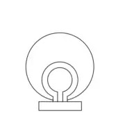 Corallo Table Lamp line drawing, circular shade, minimalist design, rectangular base, symmetrical structure, schematic representation.