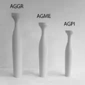 White ceramic vases labeled AGGR, AGME, AGPI arranged in descending size, featuring cylindrical forms with flared bases and flat tops against a white background.