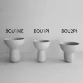Ceramic vessels, light gray, bowl-shaped tops with rounded bases, matte unglazed texture, labeled BOU1ME, BOU1PI, BOU2PI, against a gray backdrop.