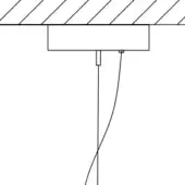 Metal ceiling hook with rectangular cup and silver cable against white wall and slatted ceiling, featuring a square bracket detail.