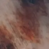Abstract texture composition of layered browns, tans, and oranges with subtle gray and blue, featuring granular streaks and a diffused, hazy quality.