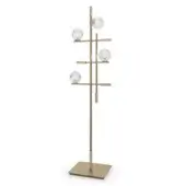 Floor lamp, brushed brass finish, slender pole with four horizontal arms supporting textured spherical glass shades in a minimalist design.
