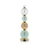 Table lamp with gold frame, five spherical glass shades transitioning from clear to aqua and peach, circular base, labeled “ch acquamarine.”