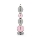 Table lamp, clear and pink glass, chrome accents, five spherical elements stacked vertically, rippled texture, circular flared base.