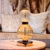 Exceptional Sicis Drop Battery Murano table lamp with warm amber ribbed glass and clear swirling glass in polished gold-toned metal