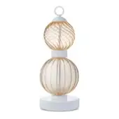 Bross table lamp, amber glass, sculptural form with ribbed and swirled spheres, white cylindrical connector, circular base, studio lighting.