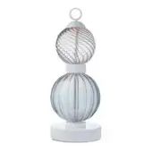 Table lamp, ribbed glass, stacked spherical design with blue tinted globes, white metal connector, and circular base.