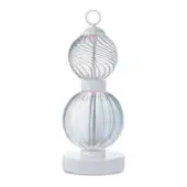 Glass table lamp with stacked spherical shades, ribbed texture, white base, and internal warm pink illumination in studio setting.