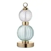 Table lamp, brass and glass, stacked spherical shades with ribbed teal base and swirling pink upper sphere, polished brass stem.