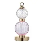 Table lamp with stacked clear glass globes and ribbed texture, featuring a polished gold metal base and circular accent.