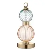 Table lamp, brass and glass, stacked spherical shades with ribbed pink lower section and textured pale blue-green upper section.