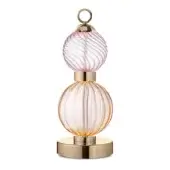 Table lamp, glass and brass, stacked spherical design with ribbed pink-orange base and striped lavender-pink upper sphere.