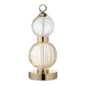 Table lamp, glass and gold metal, layered dual spherical shades with ribbed amber lower section and clear swirling upper section.