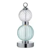 Table lamp, chrome and glass, stacked spherical shades with ribbed aqua lower sphere and swirling white upper sphere, slender stem, circular base.