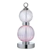 Table lamp with stacked pink glass shades, chrome metal base, and ribbed spherical forms in a studio product shot.