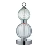 Table lamp, chrome and glass, layered oval shades with ribbed texture and spiraling light-green glass globe on circular base.