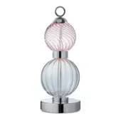 Table lamp, chrome and glass, stacked spherical shades with ribbed texture and pink marbled glass, polished cylindrical base.