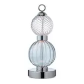 Table lamp, clear glass, stacked spherical design with ribbed and swirled globes, polished chrome hardware and cylindrical base, warm illumination.