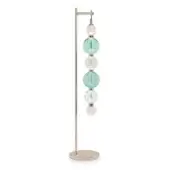 Floor lamp, brushed brass and glass, with stacked aquamarine, green, and champagne spherical shades and a slender metal stem.