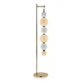 Floor lamp, polished brass finish, slender stem with six alternating clear and amber glass shades, circular base, minimalist design.