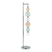 Floor lamp, chrome metal, slender pole with six cascading spherical glass shades in aquamarine, amber, and frosted clear glass.