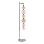 Floor lamp, chrome metal, with six spherical glass shades in pink, amber, and clear, featuring a swirling textured pattern and irregular shape.